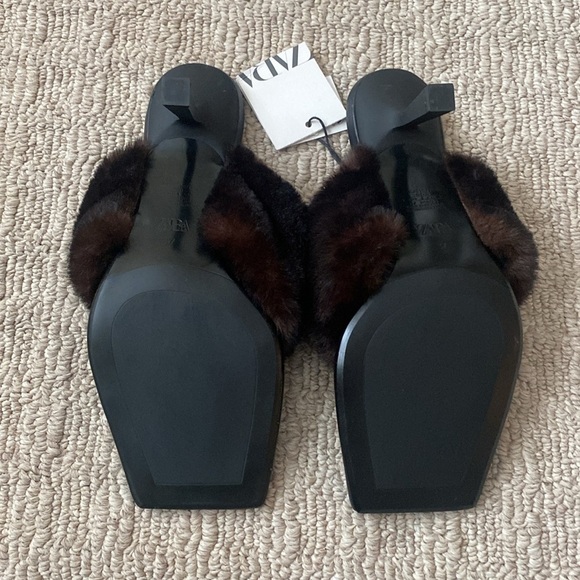 Zara Black Squared Toe Faux Fur Mules Heeled Thong Sandals Heels Sz 6.5 - Picture 12 of 14